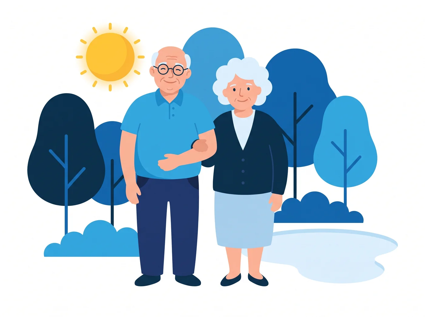 A happy retired couple walking together in a park